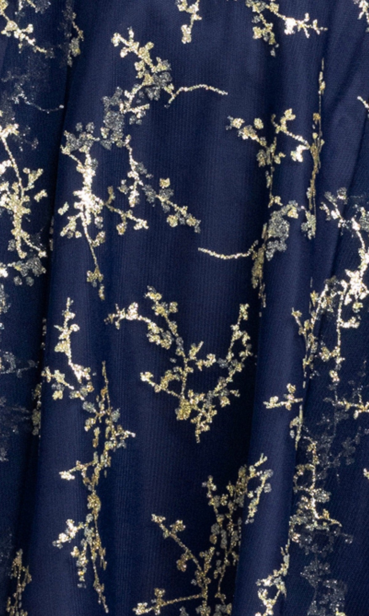 The Mini Glitter Hoco Dress: Blondie Nites 5569BN features dark blue fabric adorned with gold floral branch patterns, creating a stunning look that's perfect for an affordable homecoming dress or a chic mini hoco dress.